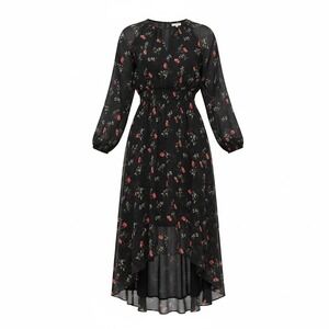 Great Jones Black Floral High-Low Midi Dress Smocked Waist Long Sleeve Size 4